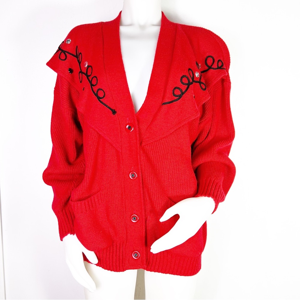 VINTAGE 80s Cable knit open front embroidered crystal studded sweater cardigan